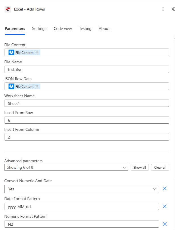 Clicca per ingrandire Azione Power Automate PDF4me Excel - Aggiungi righe configurata con Contenuto file, Nome file, Dati riga JSON, Nome foglio di lavoro Foglio1, Inserisci dalla riga 6, Inserisci dalla colonna 2 e parametri avanzati Converti numerico e data, Modello formato data yyyy-MM-dd e Modello formato numerico N2